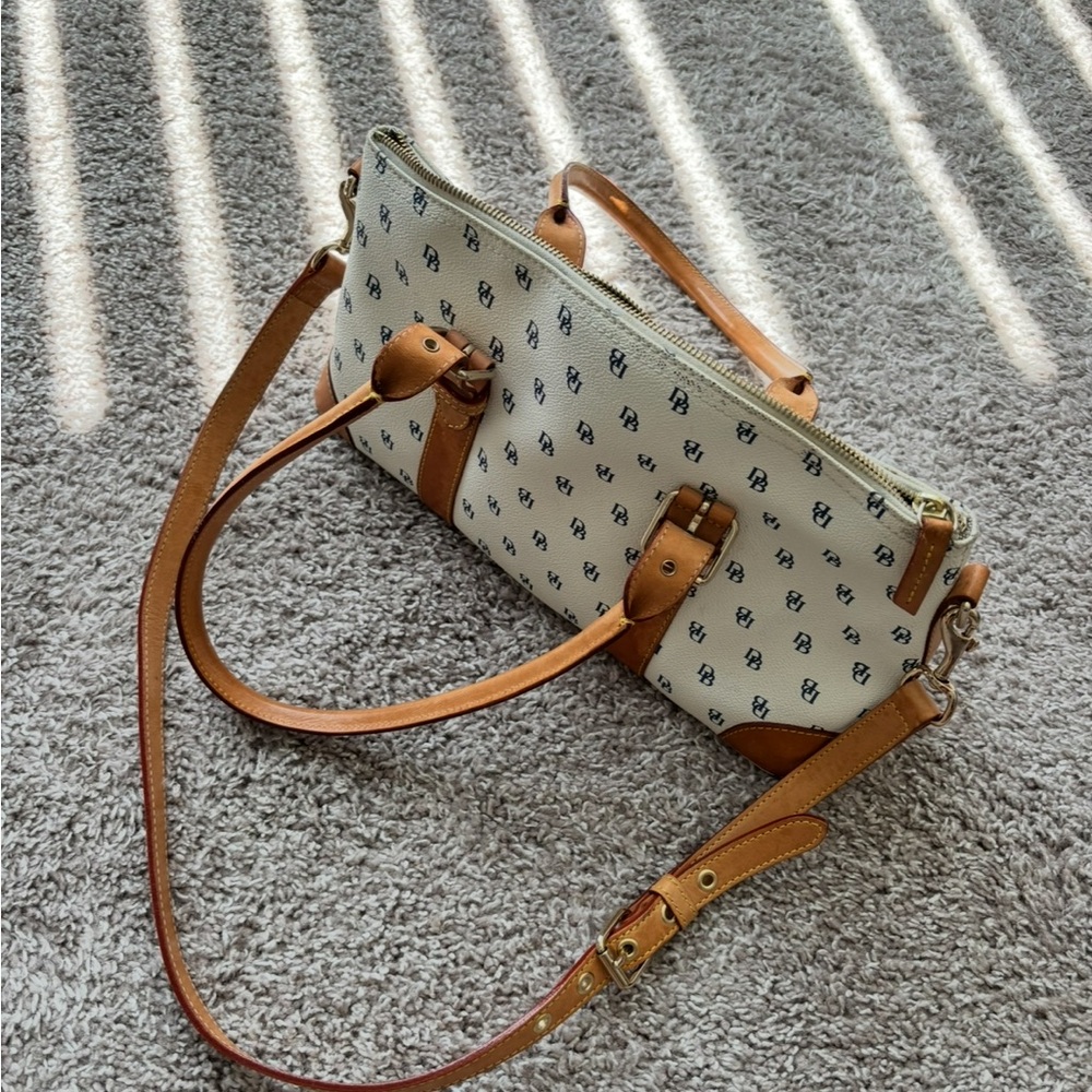 Dooney and Bourke Cream and Tan Monogram Canvas Tote Bag with Leather Trim
